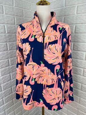 LILLY PULITZER Skipper Popover "Gimme Some Leg" Flamingo Print 1/2 Zip Sz Small